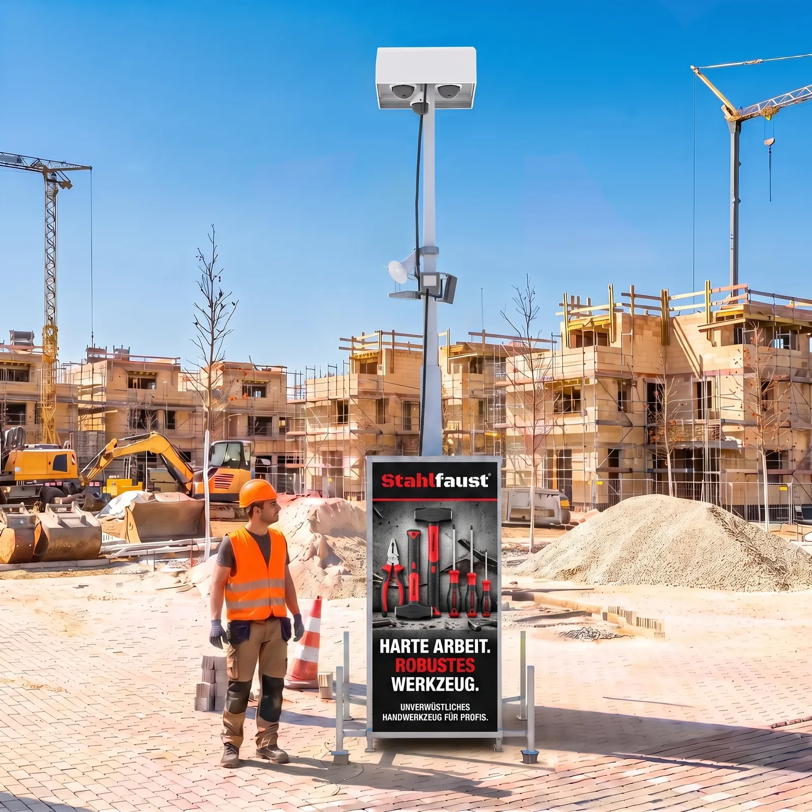 Stahlfaust-Werbung auf der Seitenfläche eines Videoüberwachungsturms auf einer Baustelle, Beispielmotiv