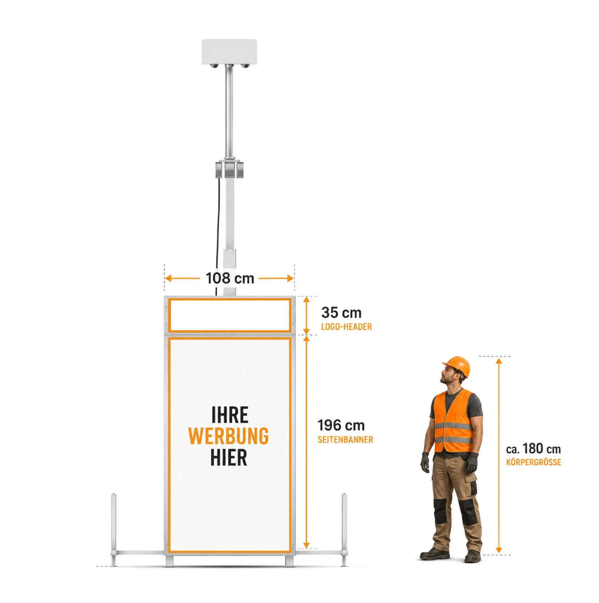 Werbefläche auf einem mobilen Überwachungsturm: Maße Seitenbanner 196 × 108 cm und Logo-Header 35 cm, im Größenvergleich zu einer Person von etwa 180 cm